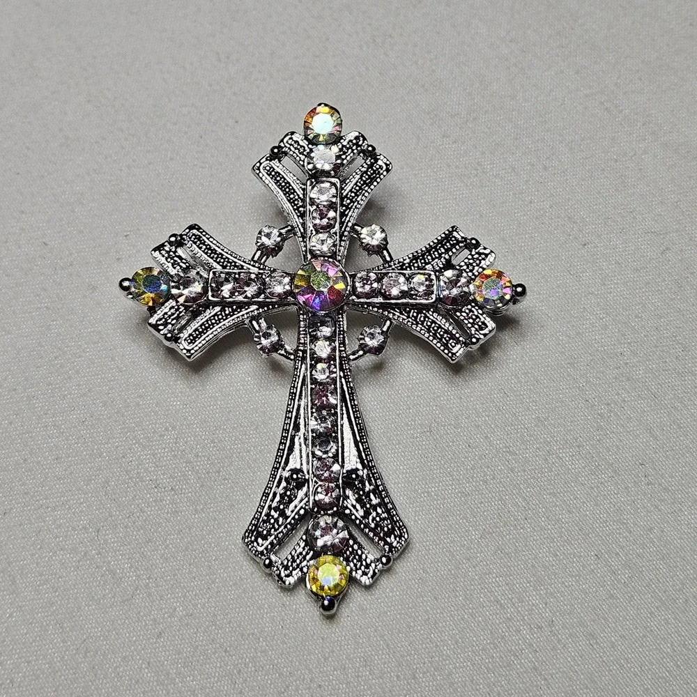 Rhinestone Cross Pendant Women OS Silver AB Crystal Gothic Filigree